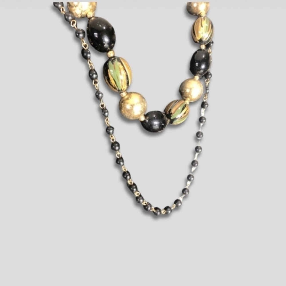 Vintage Beaded Multi Strand Necklace Earring Bangle Black Gold - Picture 5 of 6